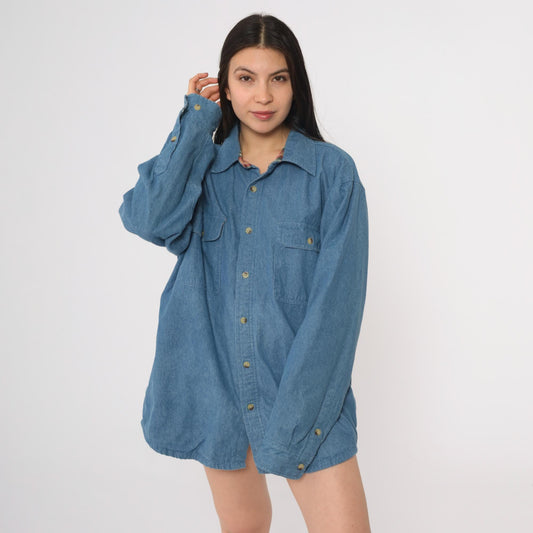 90s Scandia Woods Denim Shirt Flannel Lined Blue Button Down Large L