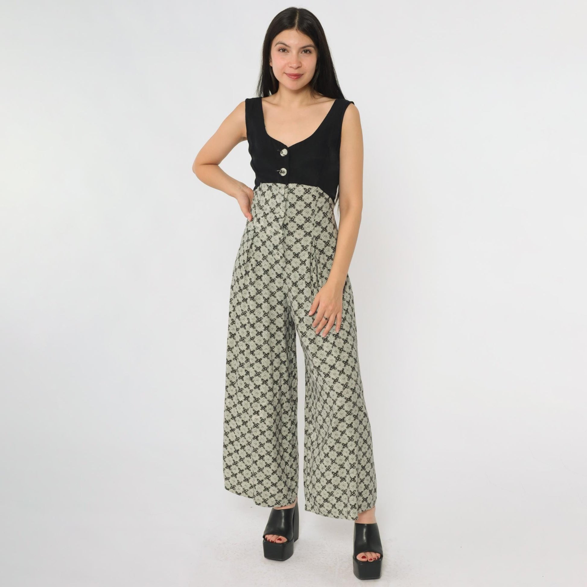 90s Alyn Paige Black Floral Jumpsuit Wide Leg V-Neck Rayon Small