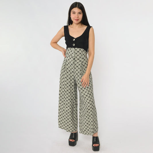 90s Alyn Paige Black Floral Jumpsuit Wide Leg V-Neck Rayon Small