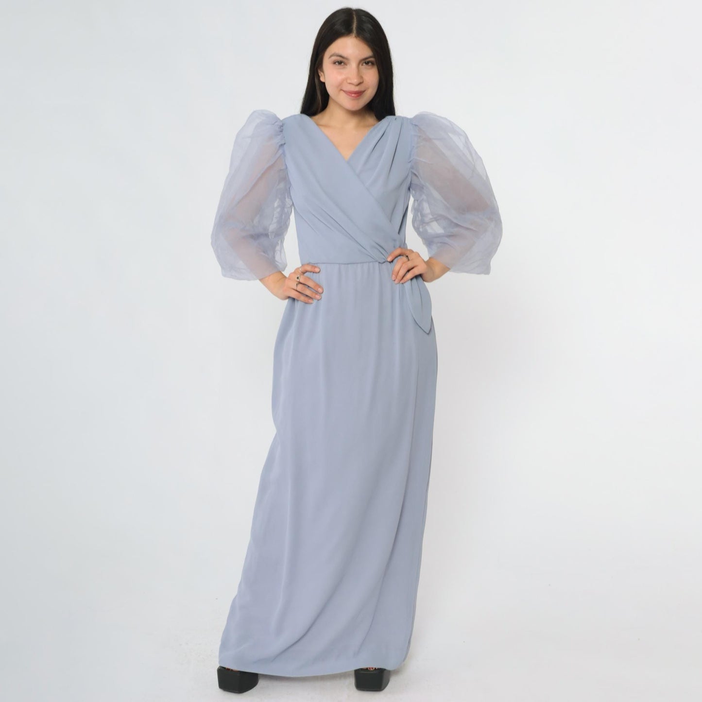 80s Miss Elliette Periwinkle Maxi Dress Puff Sleeve Wrap V-Neck Extra Small XS