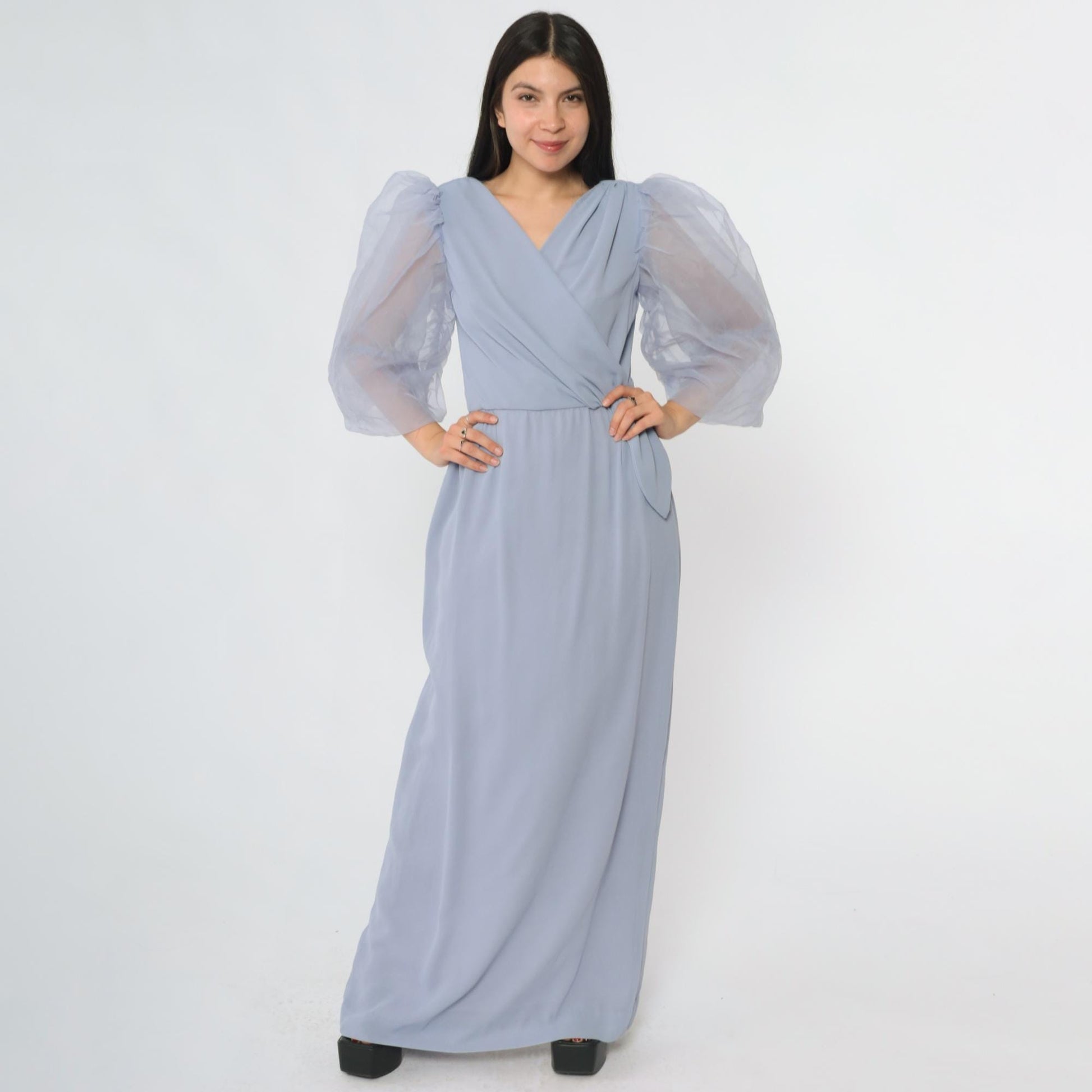 80s Miss Elliette Periwinkle Maxi Dress Puff Sleeve Wrap V-Neck Extra Small XS