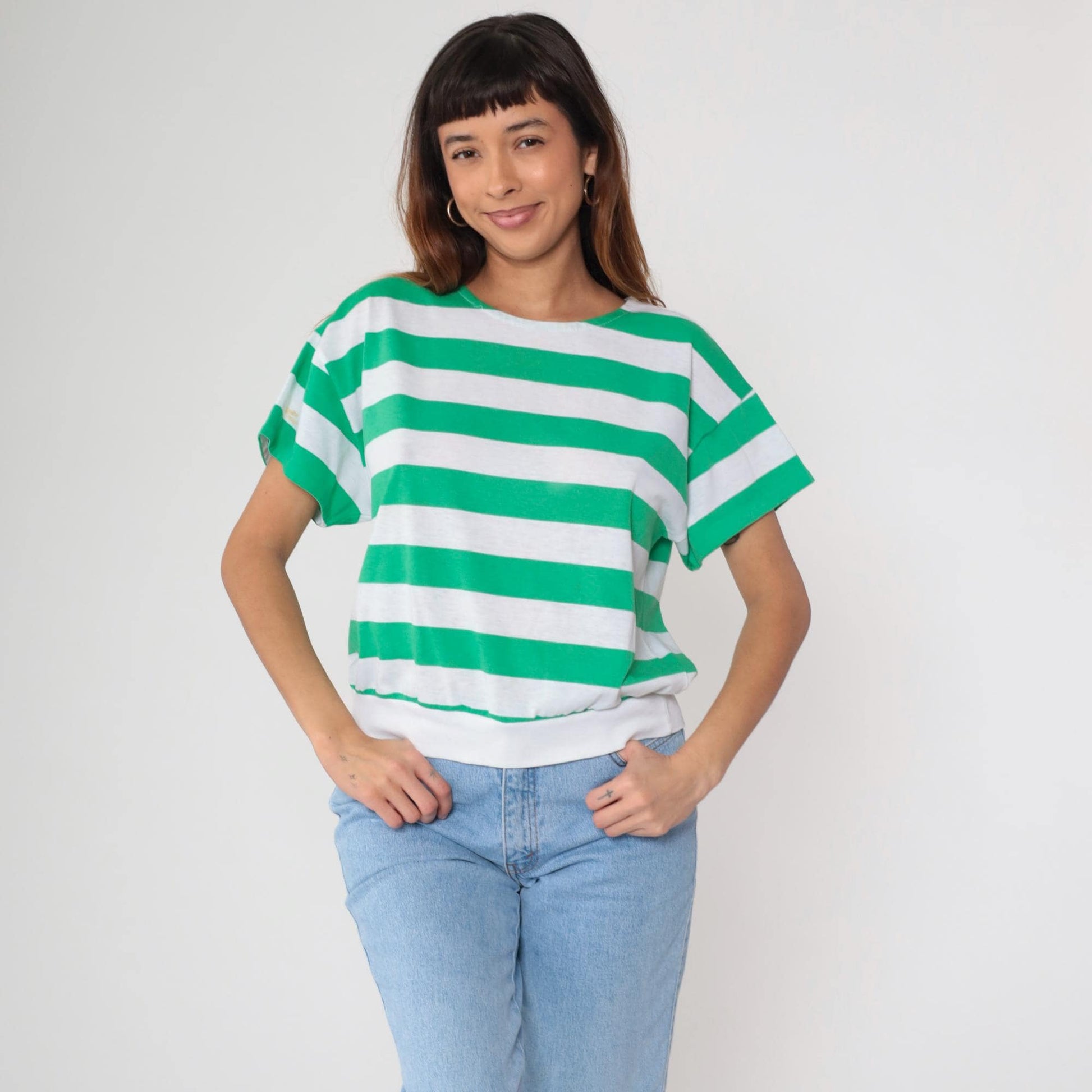 80s Striped T-Shirt White Green Crew Neck Short Sleeve Cotton Medium