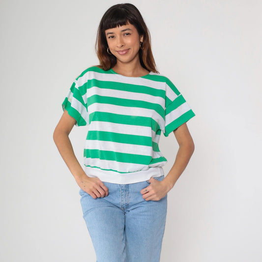 80s Striped T-Shirt White Green Crew Neck Short Sleeve Cotton Medium