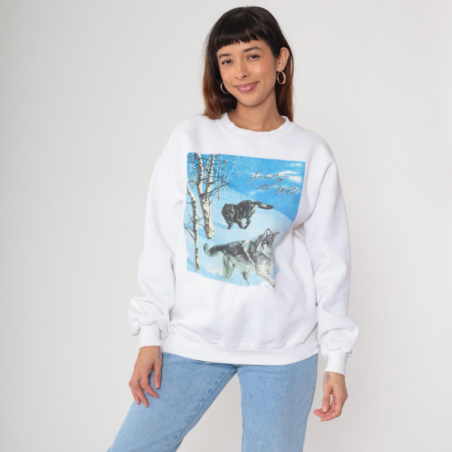 90s Wolf Spirit of the Wild Graphic Sweatshirt Jerzees Grey Unisex Extra Large