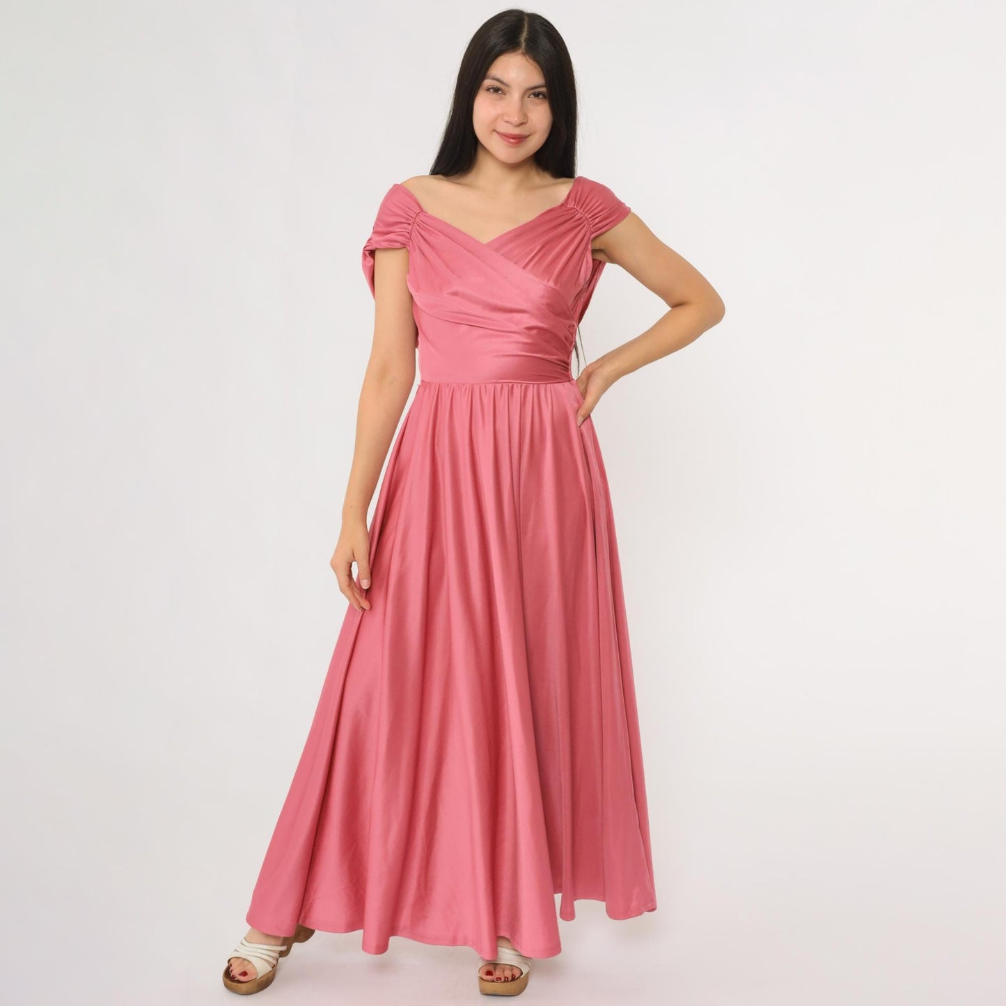 70s Coral Pink Maxi Dress Draped V-Neck Wrap Floor Length Extra Small XS