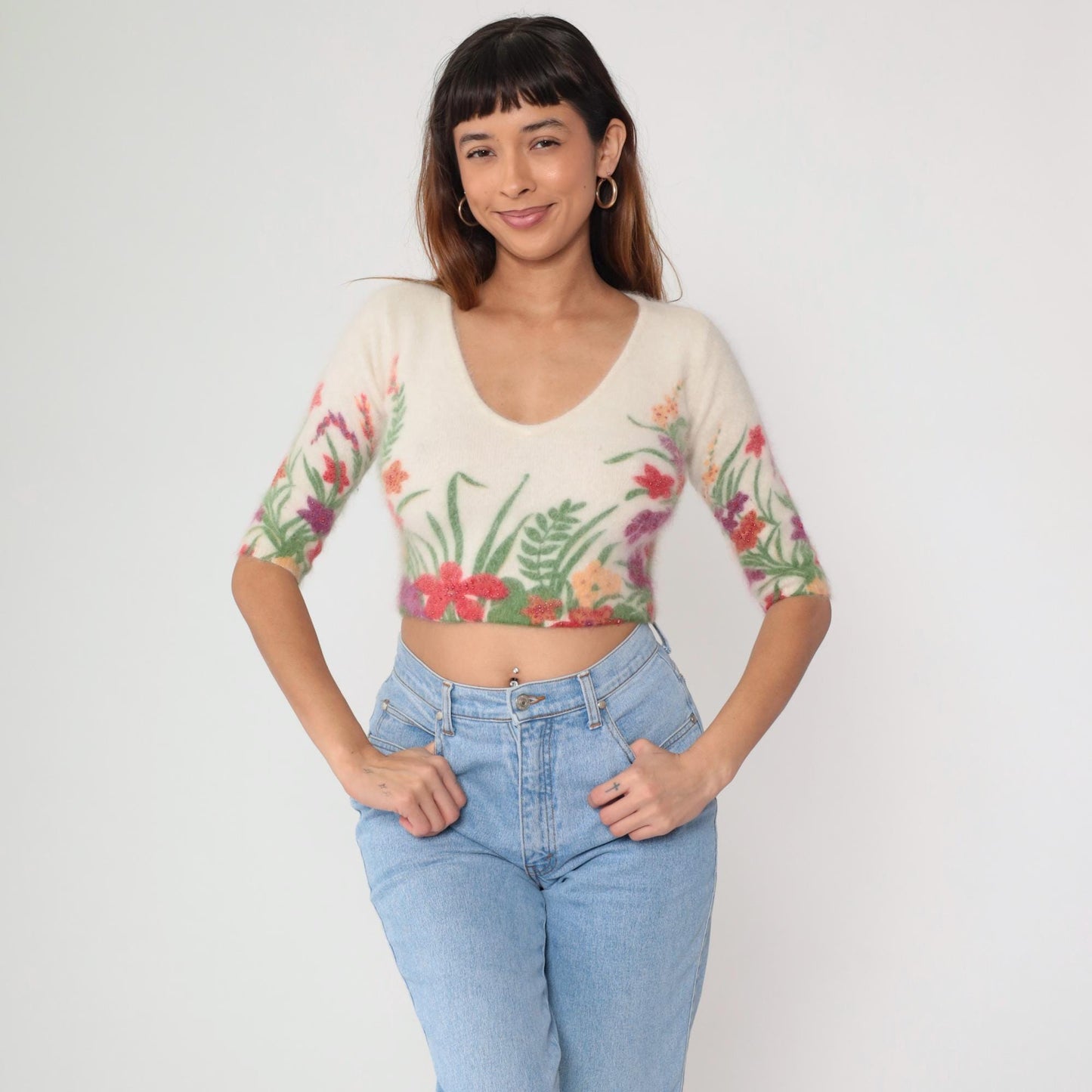 Y2K Cream Floral Crop Top Angora Embroidered V-Neck Extra Small XS