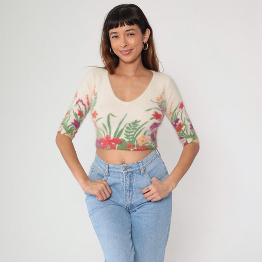 Y2K Cream Floral Crop Top Angora Embroidered V-Neck Extra Small XS
