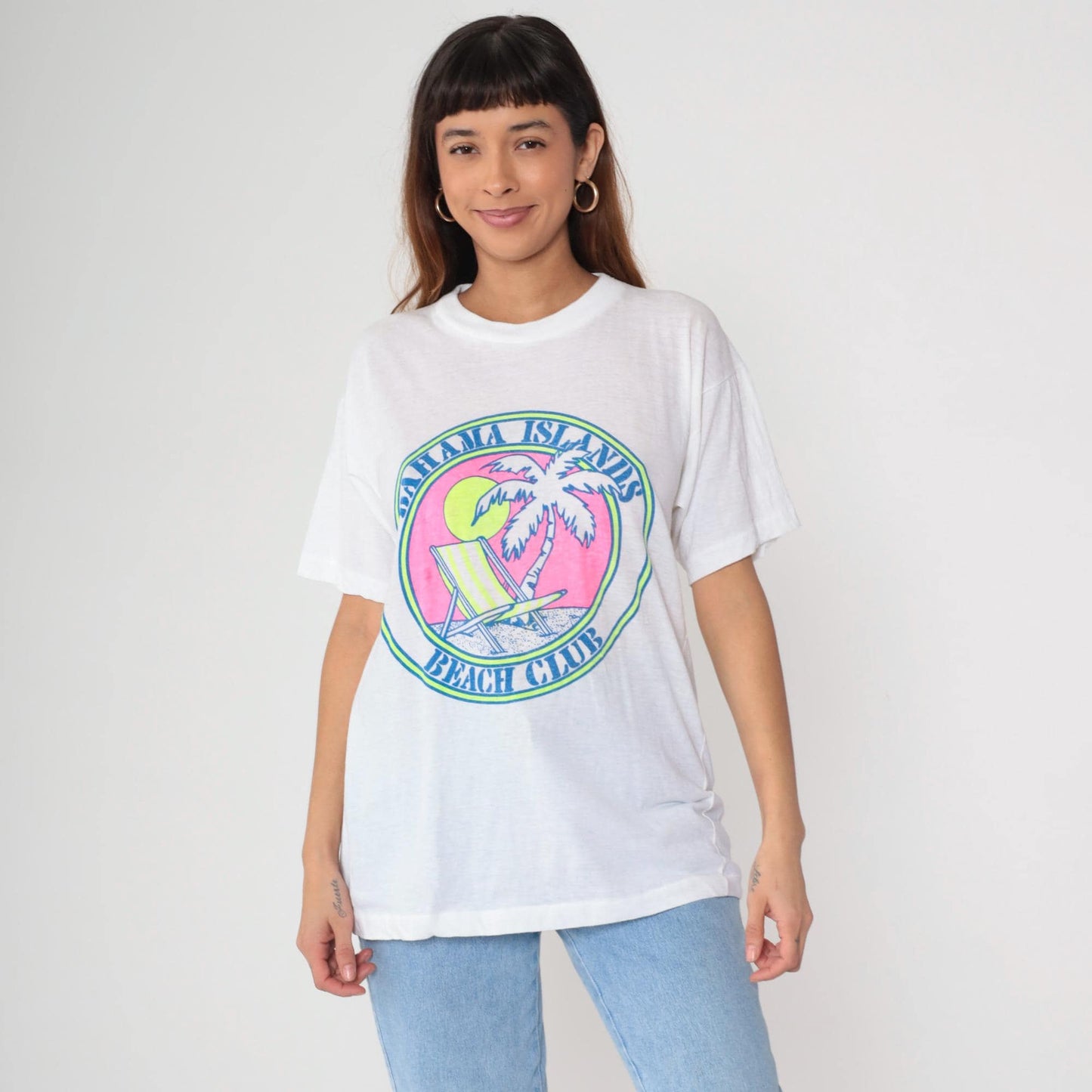 90s Bahama Islands Beach Club T-Shirt White Palm Tree Graphic Small