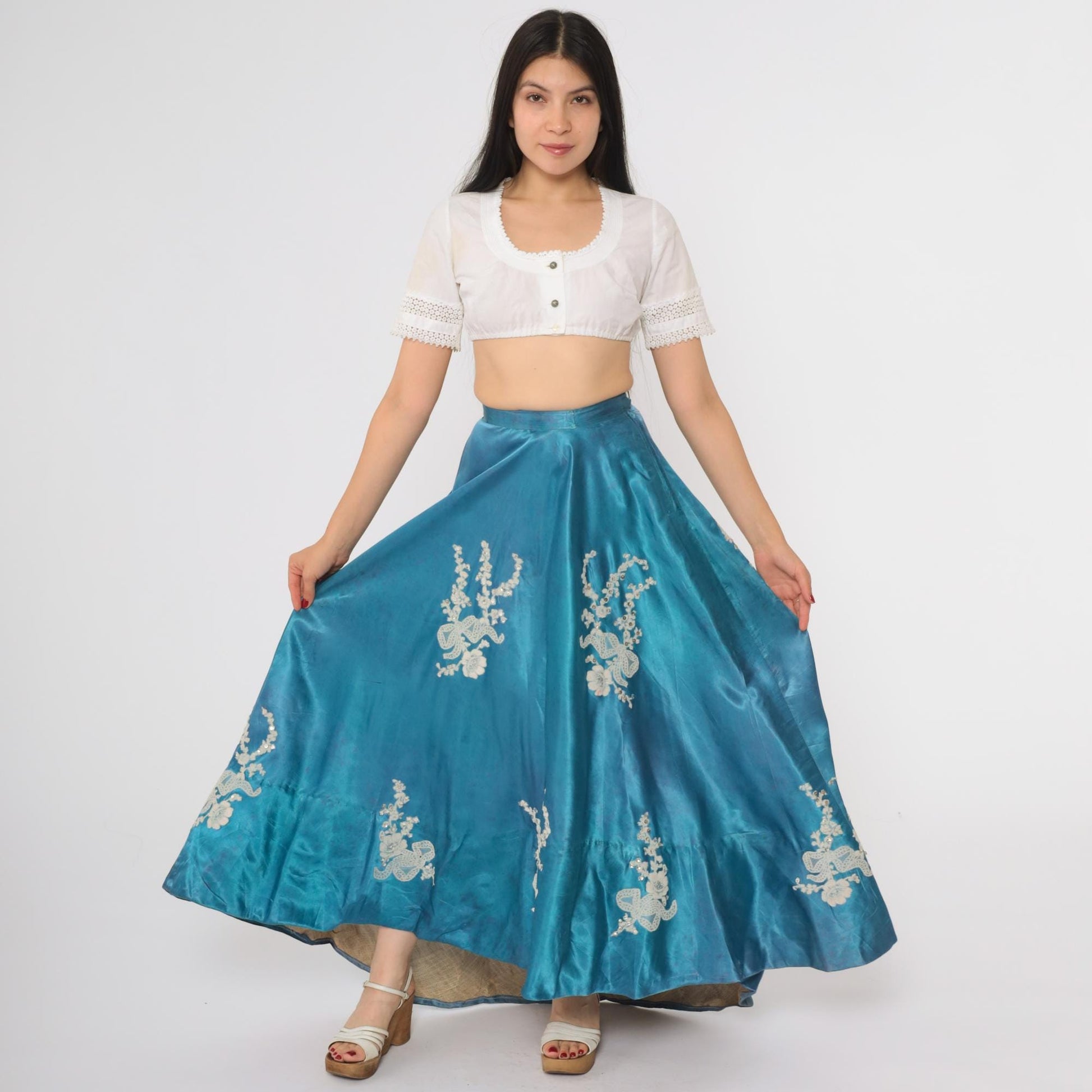 1940s Turquoise Circle Maxi Skirt Floral Embroidered High Waist XXS