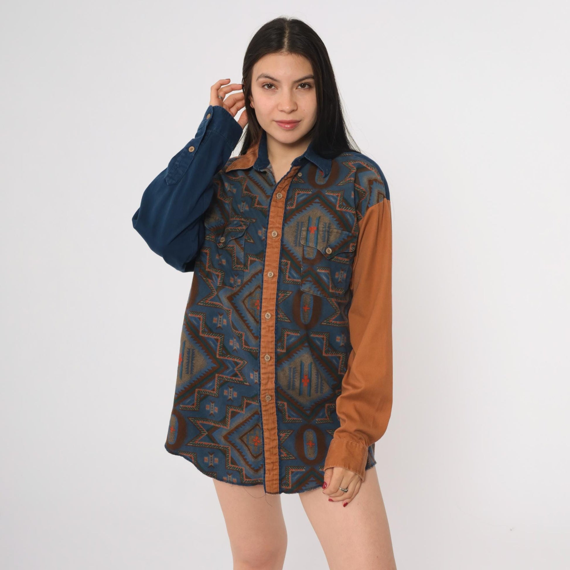 90s Panhandle Slim Western Shirt Aztec Colorblock Snap Button Medium
