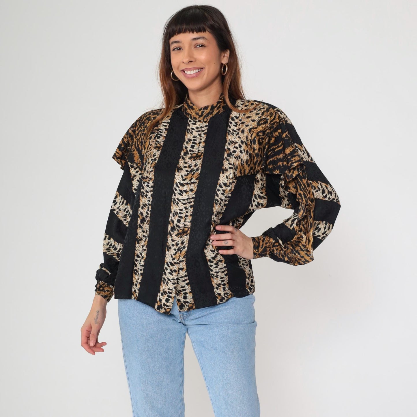 90s Adrianna Papell Silk Blouse Leopard Stripe Ruffle Long Sleeve Medium
