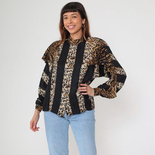 90s Adrianna Papell Silk Blouse Leopard Stripe Ruffle Long Sleeve Medium