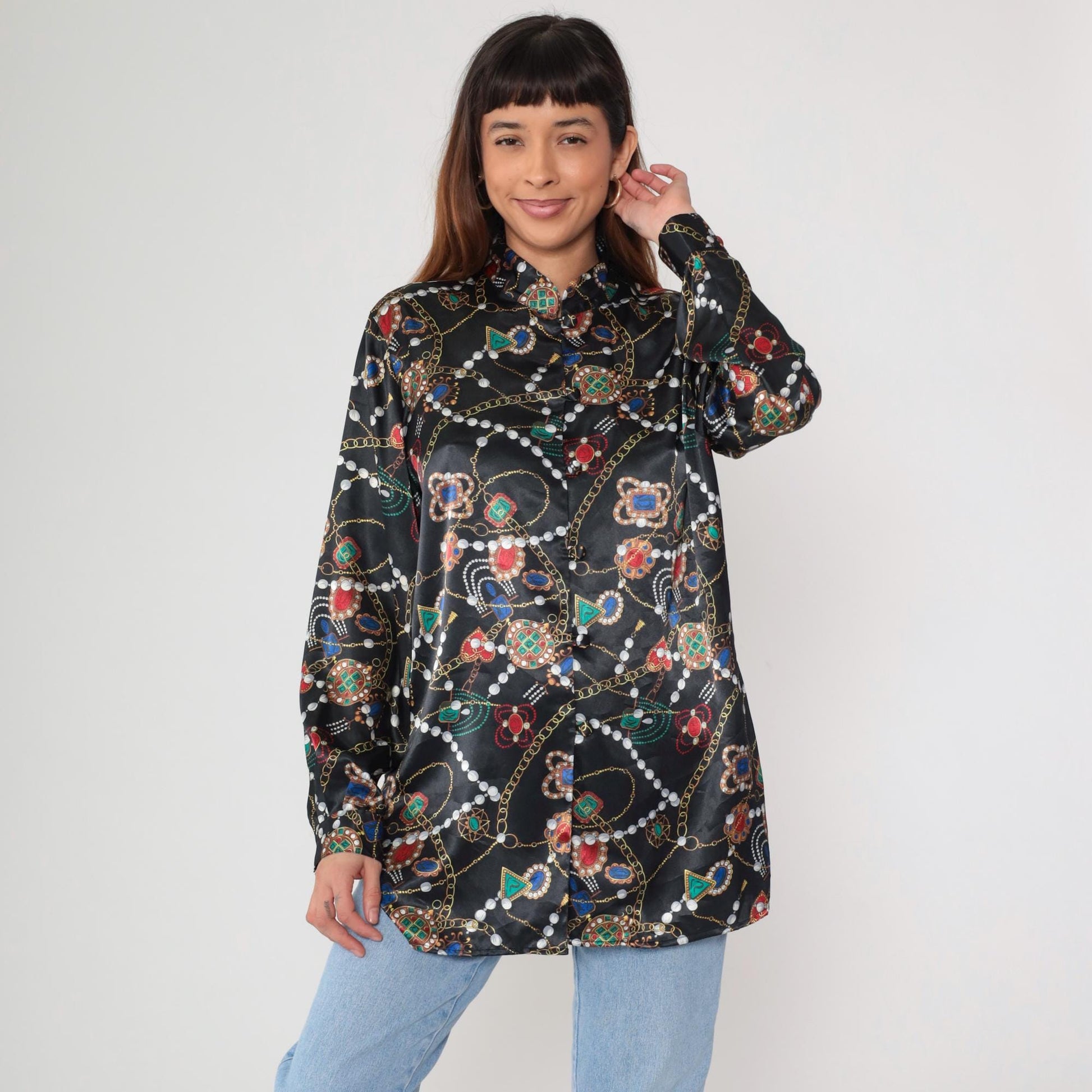 90s Baroque Gemstone Pearl Print Blouse Black Gold Chain Long Sleeve Large L