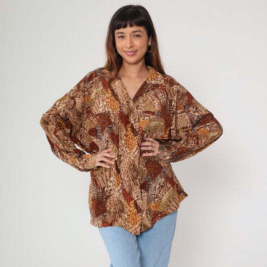Ellen Tracy Silk Feather Print Blouse Brown Button Front Long Sleeve Large