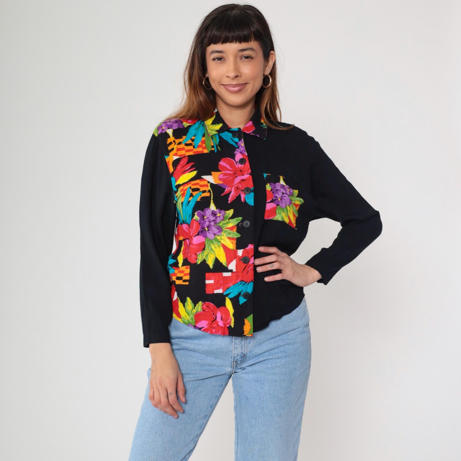 90s F Stop Floral Blouse Black Rayon Hibiscus Print Button-Up Small S