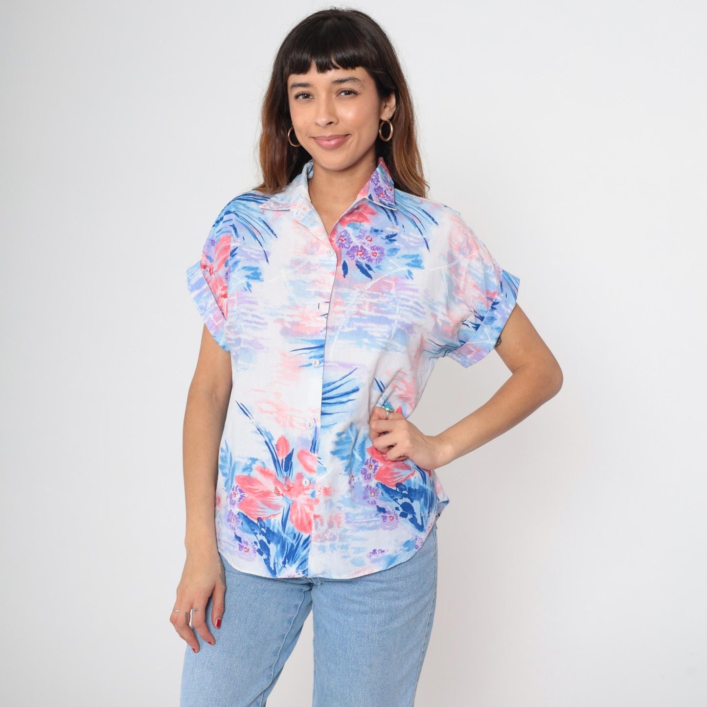 90s Watercolor Floral Button-Up Blouse Short Sleeve Collared Shirt Medium M