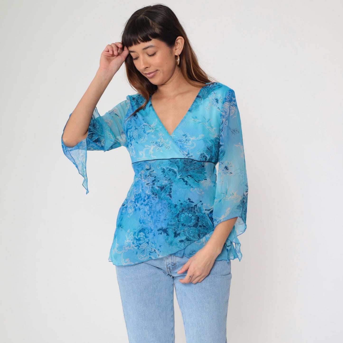 Y2K Dressbarn Wrap Top Blue Paisley Floral V-Neck Three Quarter Sleeve Large L