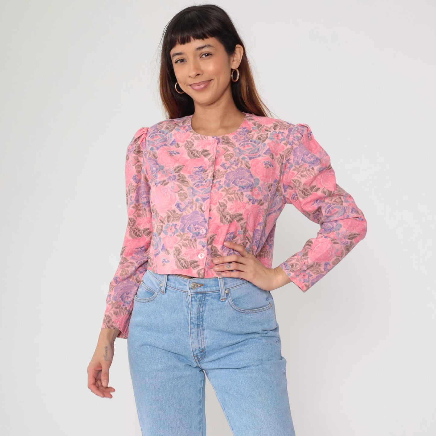 90s Alison J Floral Cropped Blouse Pink Purple Rose Puff Sleeve Medium