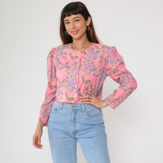 90s Alison J Floral Cropped Blouse Pink Purple Rose Puff Sleeve Medium