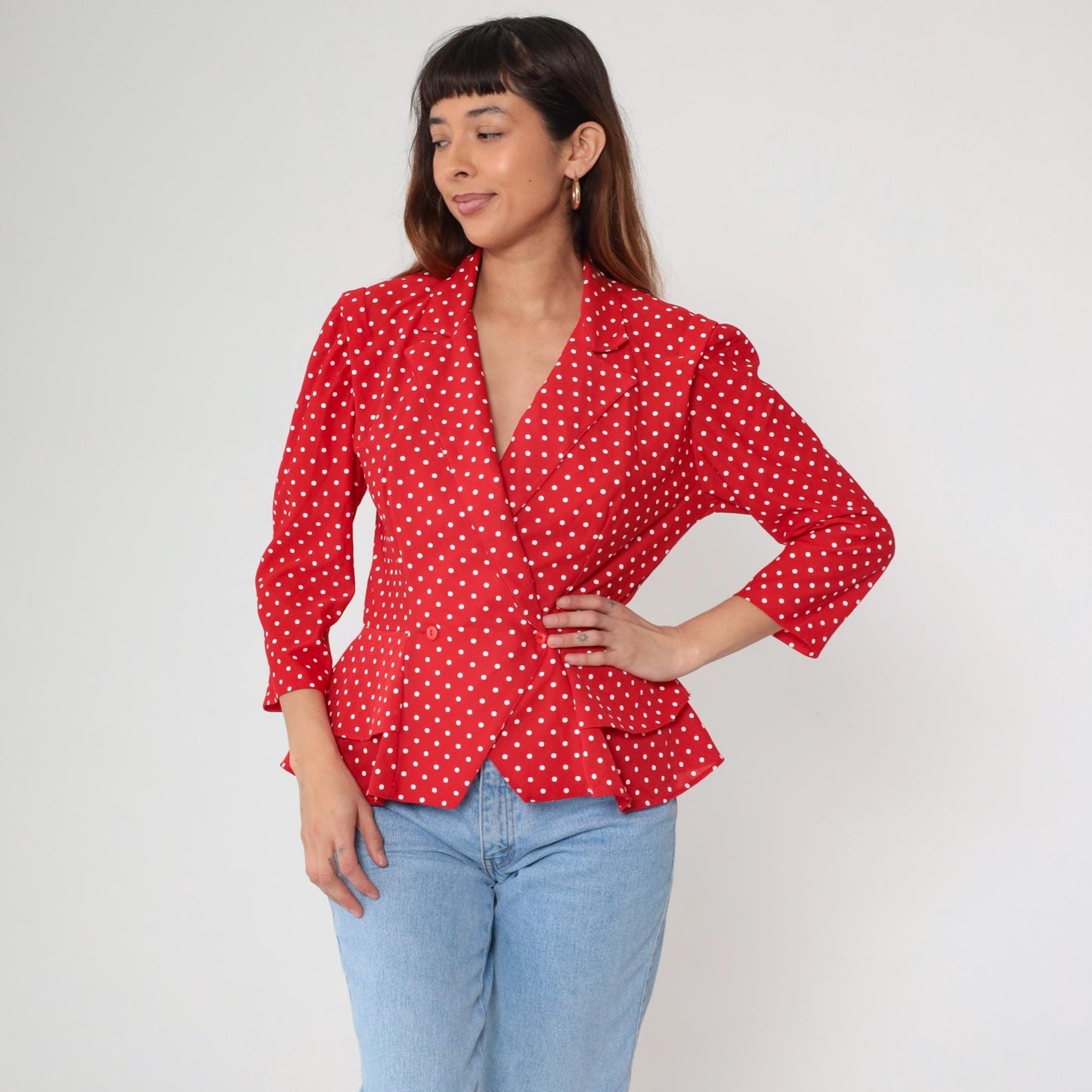 80s Polka Dot Blazer Red Single Button Jacket Medium M