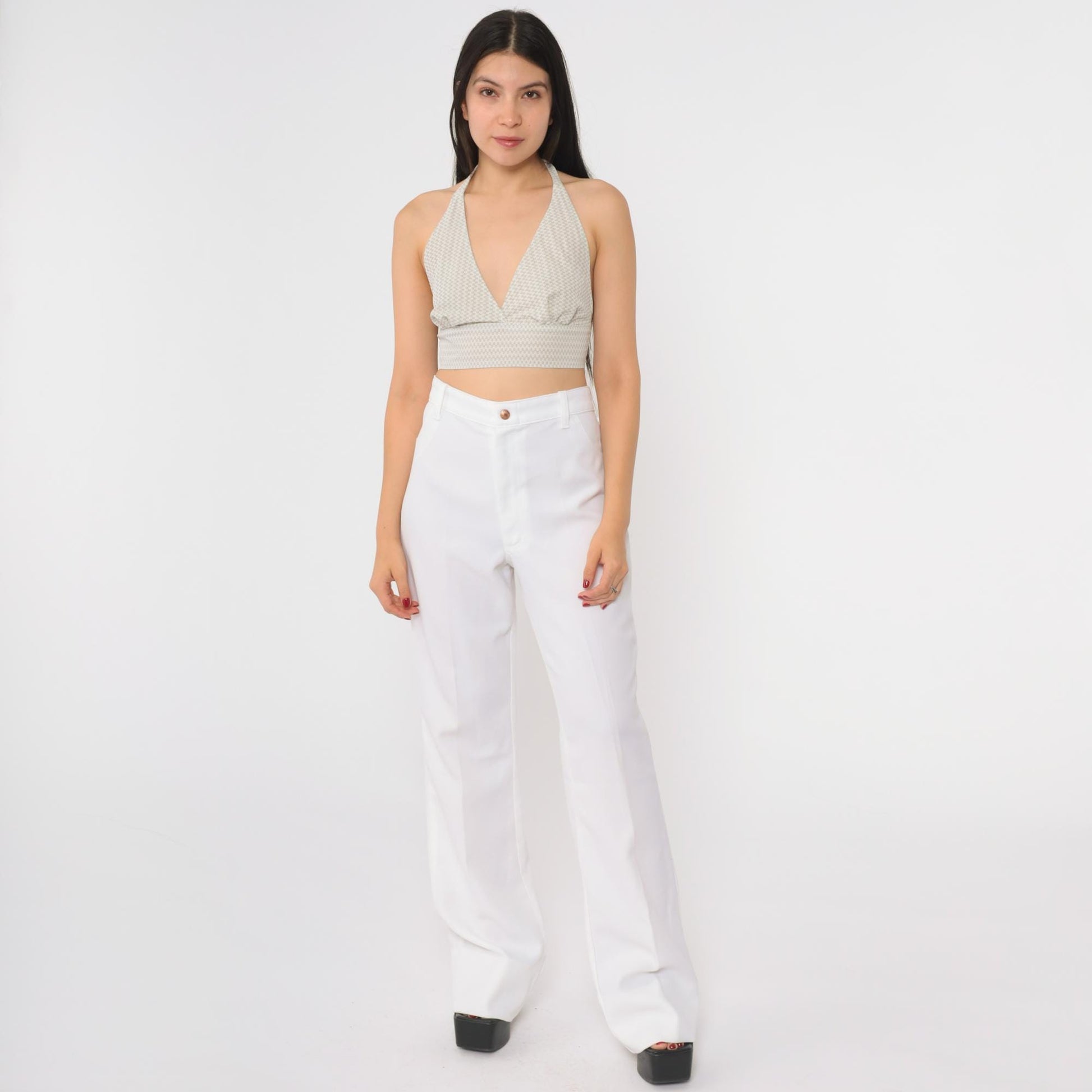 70s White High Waisted Wide Leg Flared Trousers Cotton Blend Medium M