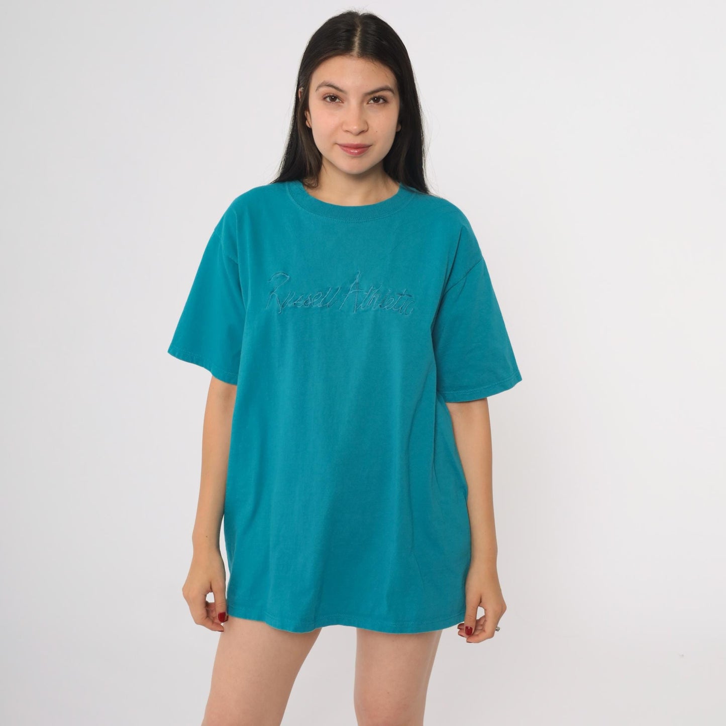 90s Russell Athletic Teal Embroidered Logo T-Shirt Cotton Crew Neck Large L