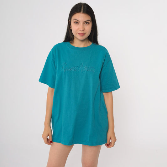 90s Russell Athletic Teal Embroidered Logo T-Shirt Cotton Crew Neck Large L