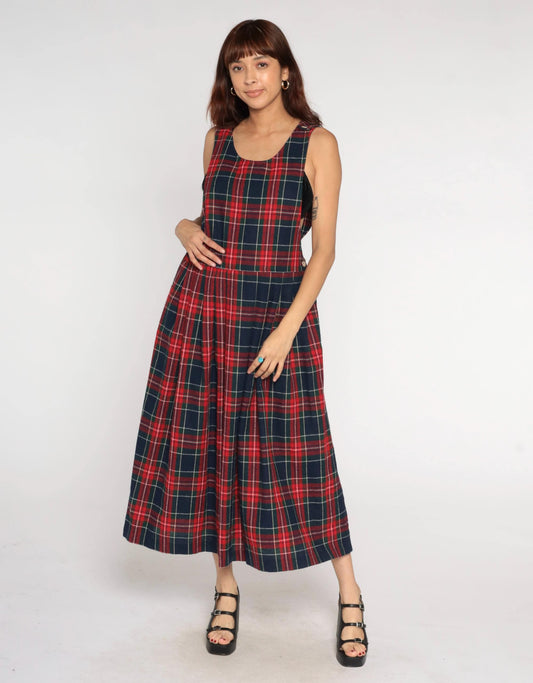 90s Willow Bend Plaid Pinafore Midi Dress Green Red Wool Blend Large