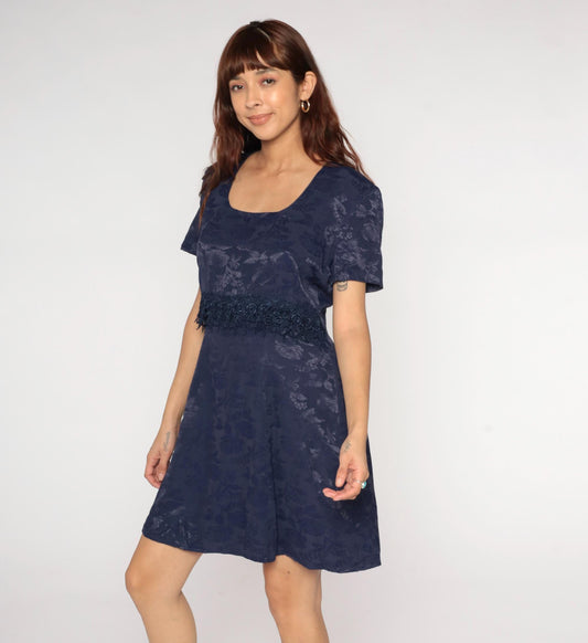 90s Navy Floral Jacquard Dress Short Sleeve Scoop Neck A-Line Lace Trim Large