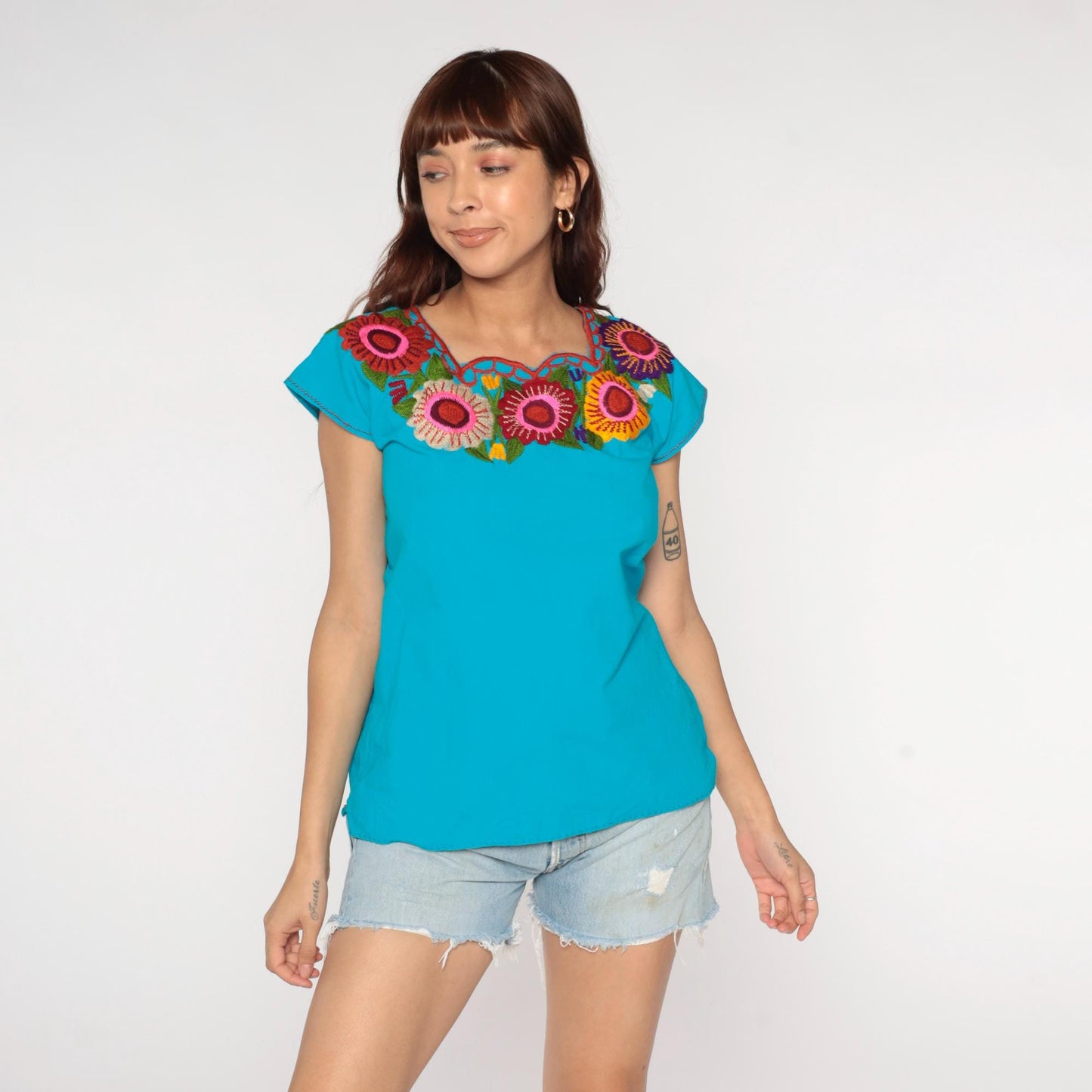 90s Mexican Floral Embroidered Blouse Blue Short Sleeve Small S