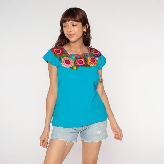 90s Mexican Floral Embroidered Blouse Blue Short Sleeve Small S