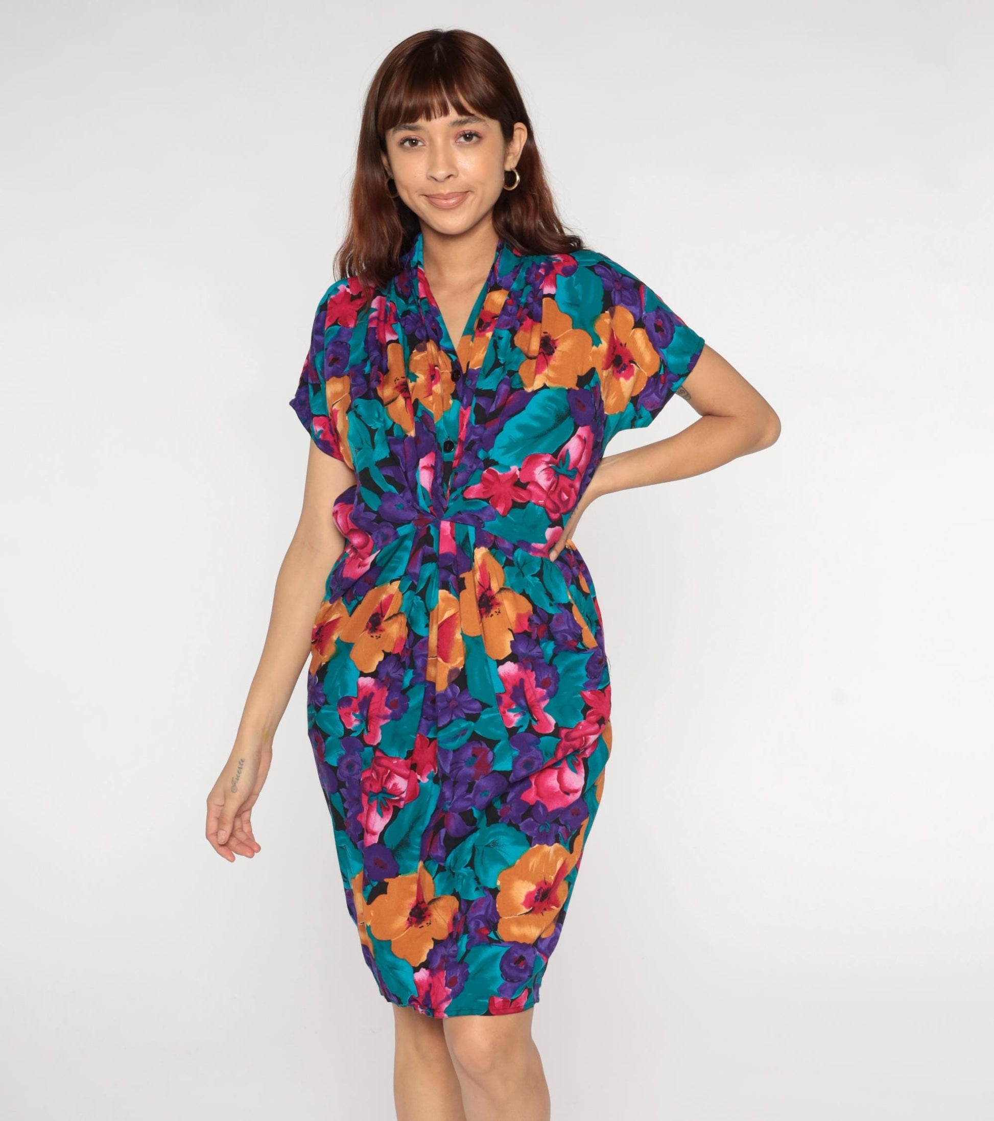 90s Tess Dress Tropical Floral Print V-Neck Tie Waist Dress Medium M