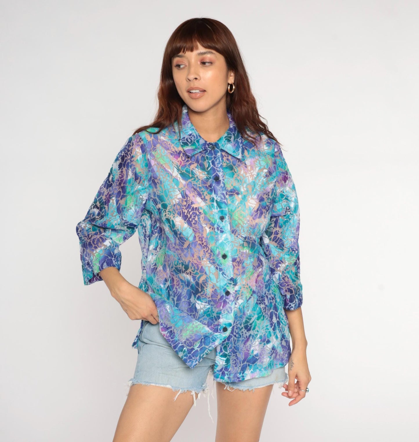 90s Allison Daley Sheer Burnout Blouse Holographic Floral Purple Large L