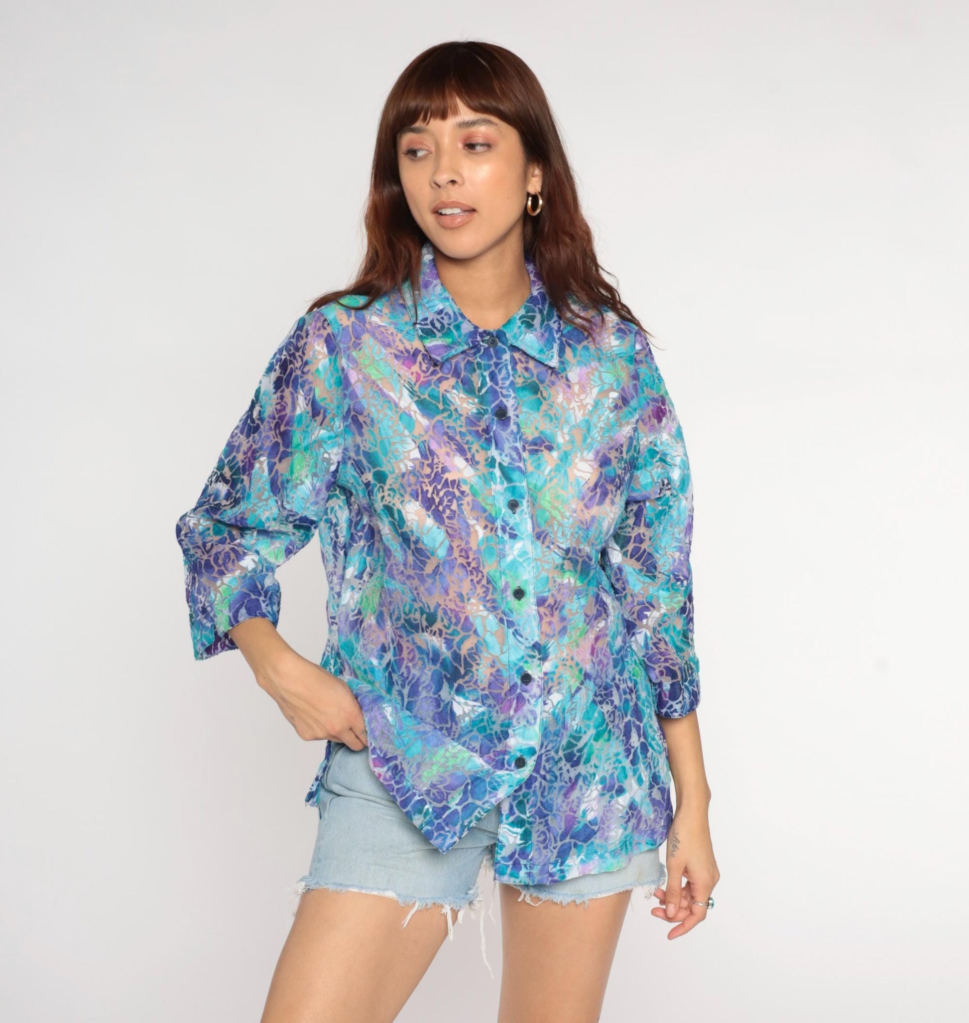 90s Allison Daley Sheer Burnout Blouse Holographic Floral Purple Large L