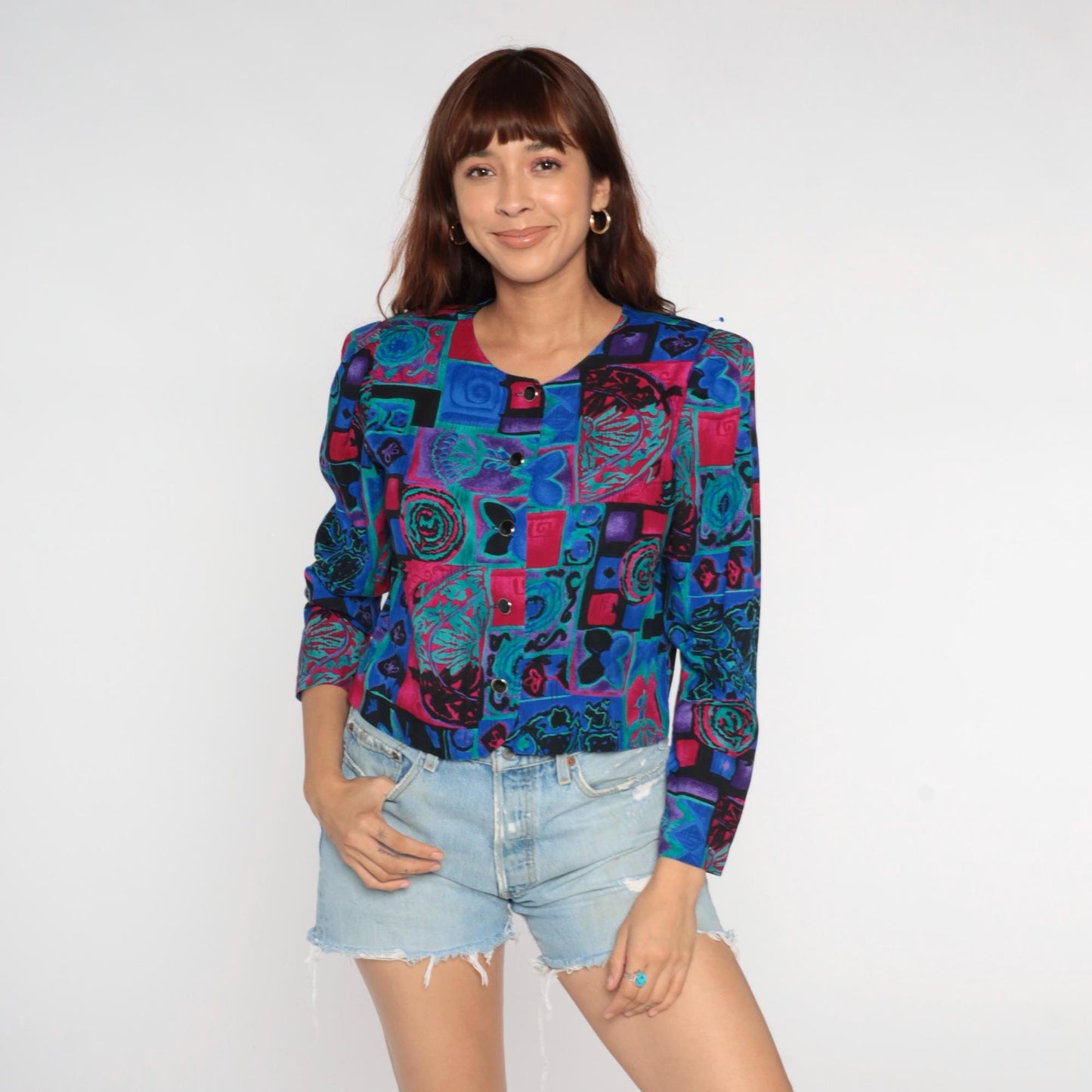 90s Patchwork Button Blouse Abstract Geometric Print Cropped Long Sleeve Medium