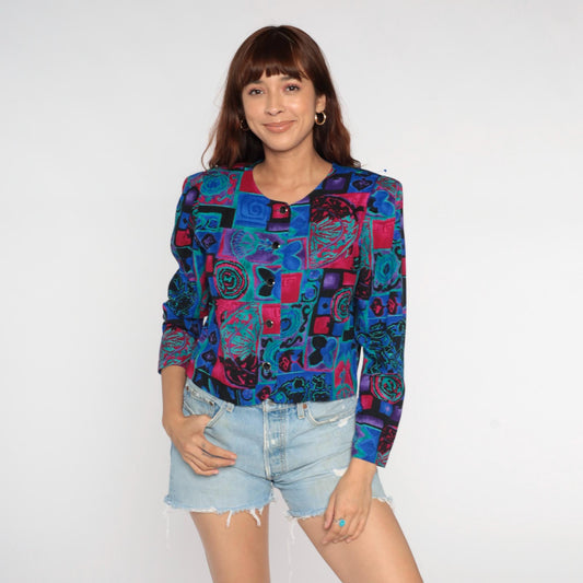 90s Patchwork Button Blouse Abstract Geometric Print Cropped Long Sleeve Medium