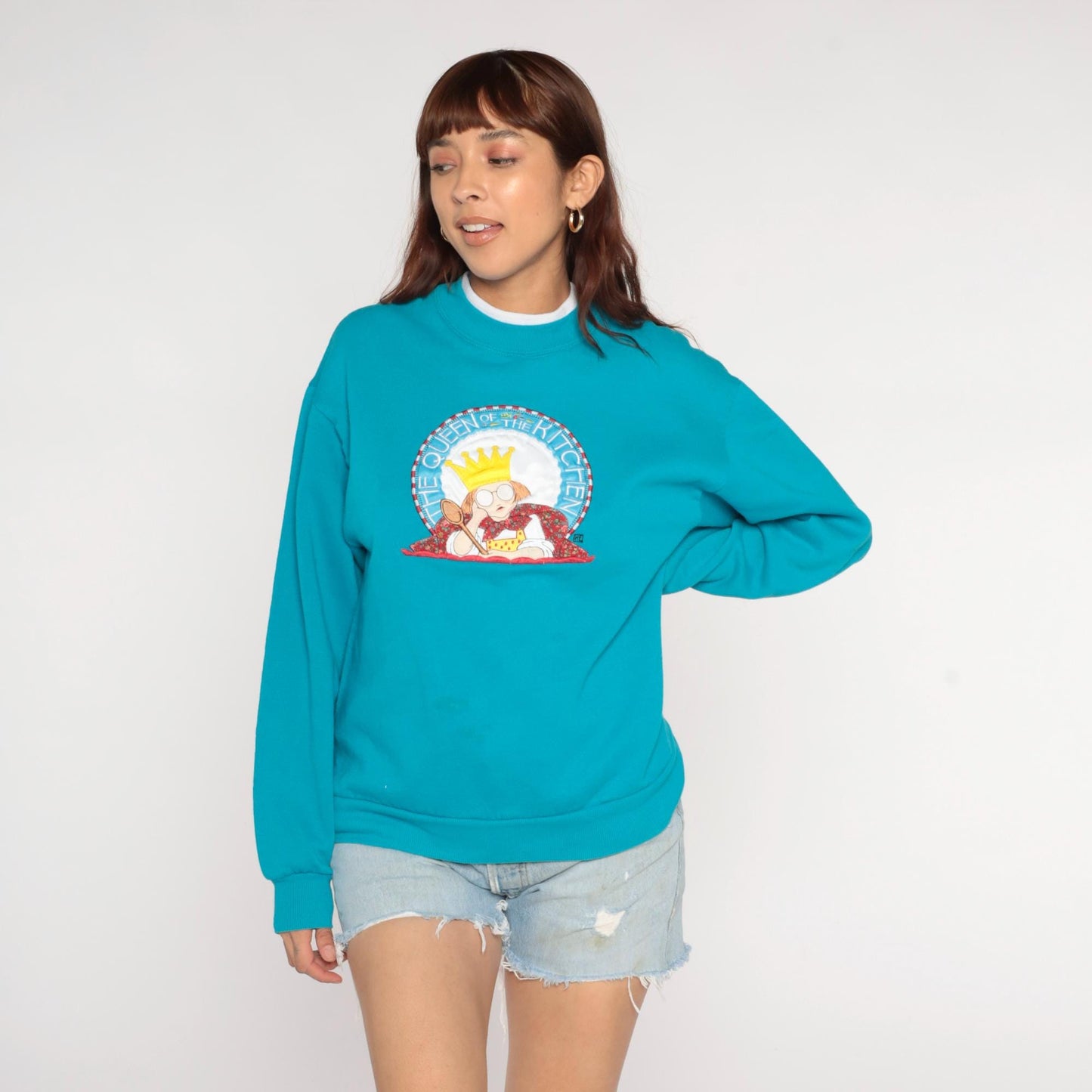 90s Mary Engelbreit Queen of the Kitchen Sweatshirt Teal Granny Collar Medium M
