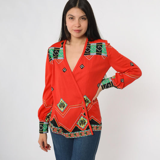 60s Paganne Gene Berk Red Wrap Blouse Geometric Tribal Print V-Neck