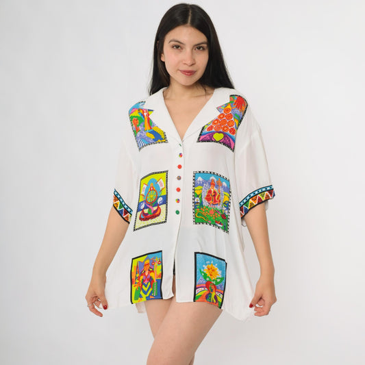 80s Platinum by Dorothy Schoelen Psychedelic Mandala Button Up Shirt White Large