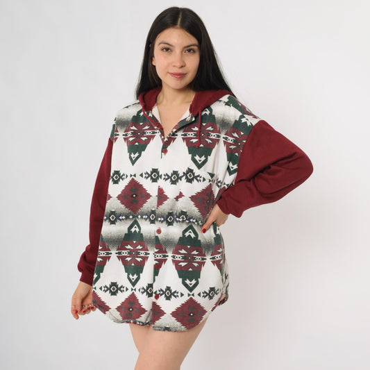 90s Mo Mart Tribal Geometric Burgundy Hoodie Sweatshirt Medium M