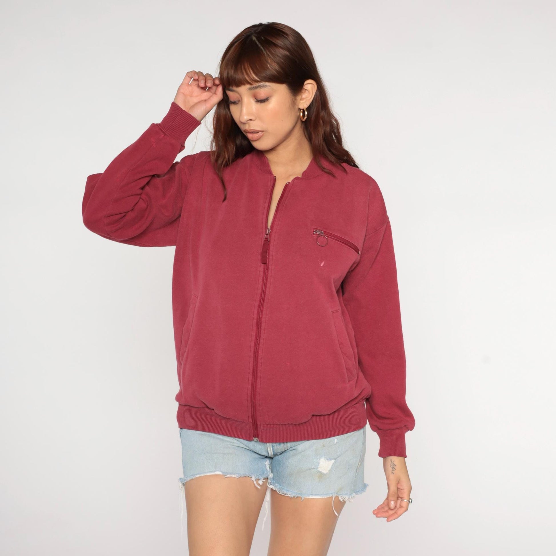 80s Burgundy Track Jacket Wine Red Zip Sweatshirt Ribbed Cuffs Small
