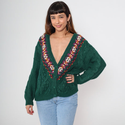 90s Contrasts Cable Knit Cardigan Forest Green Fair Isle V-Neck Medium M