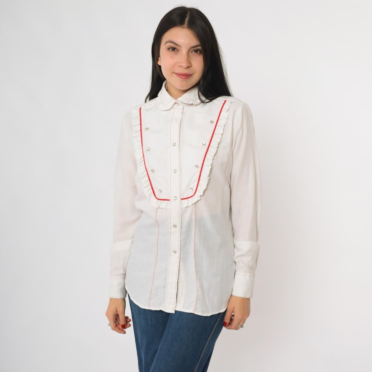 80s Rockmount Ranch Wear Western Bib Shirt White Red Piping Pearl Snap Medium