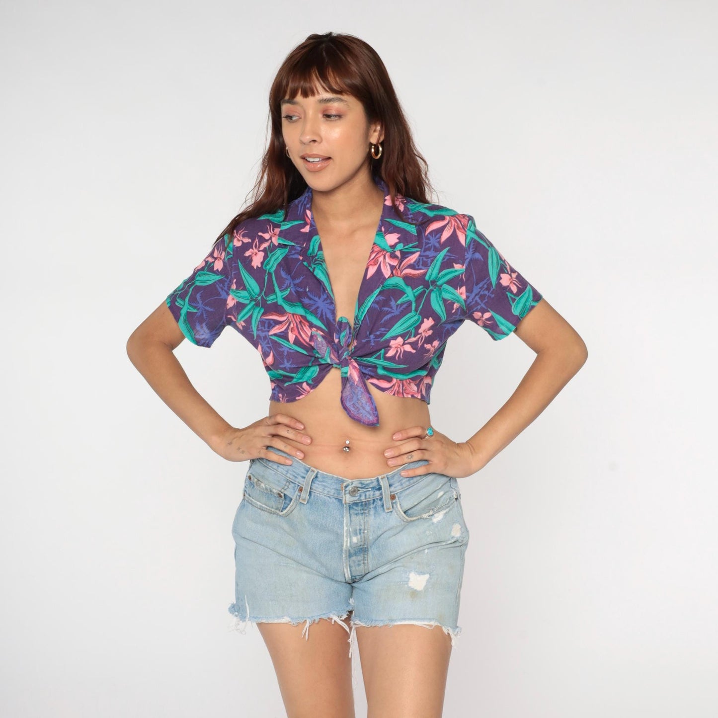 90s Tropical Floral Crop Top Hawaiian Print Tie Front Purple Small