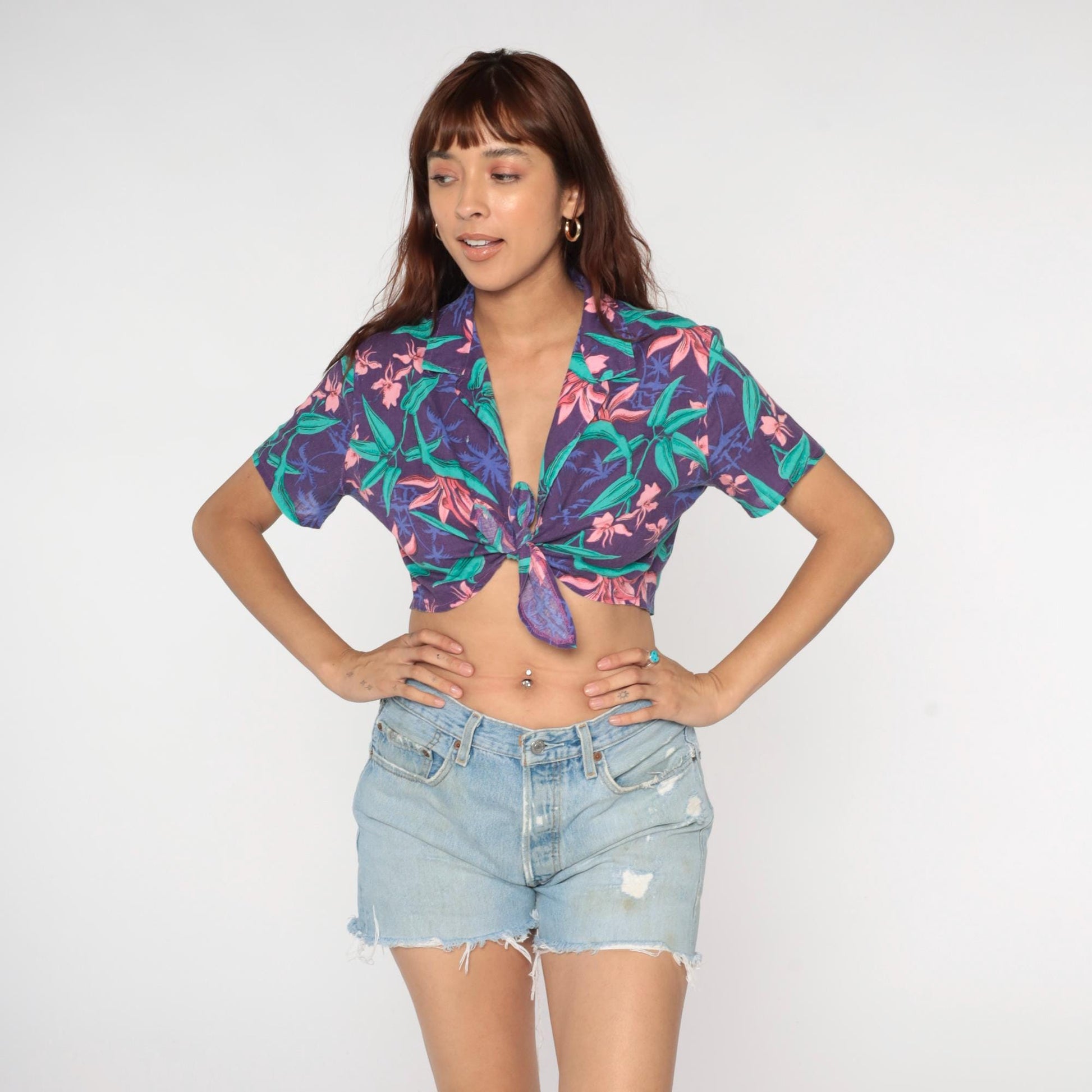 90s Tropical Floral Crop Top Hawaiian Print Tie Front Purple Small