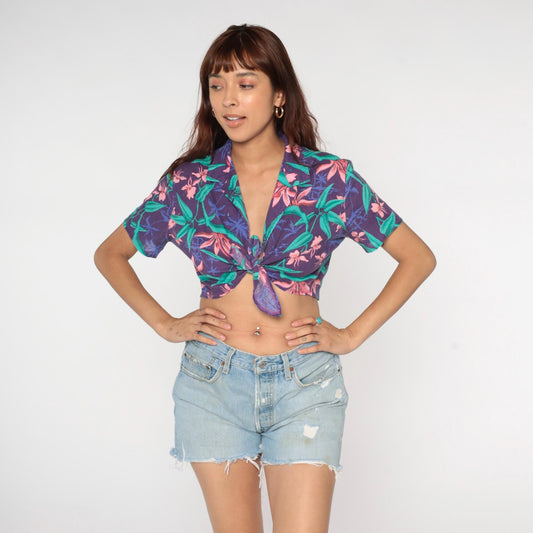 90s Tropical Floral Crop Top Hawaiian Print Tie Front Purple Small