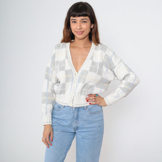 90s Liz Sport Cropped Cardigan Pastel Stripe V-Neck Cotton Medium M