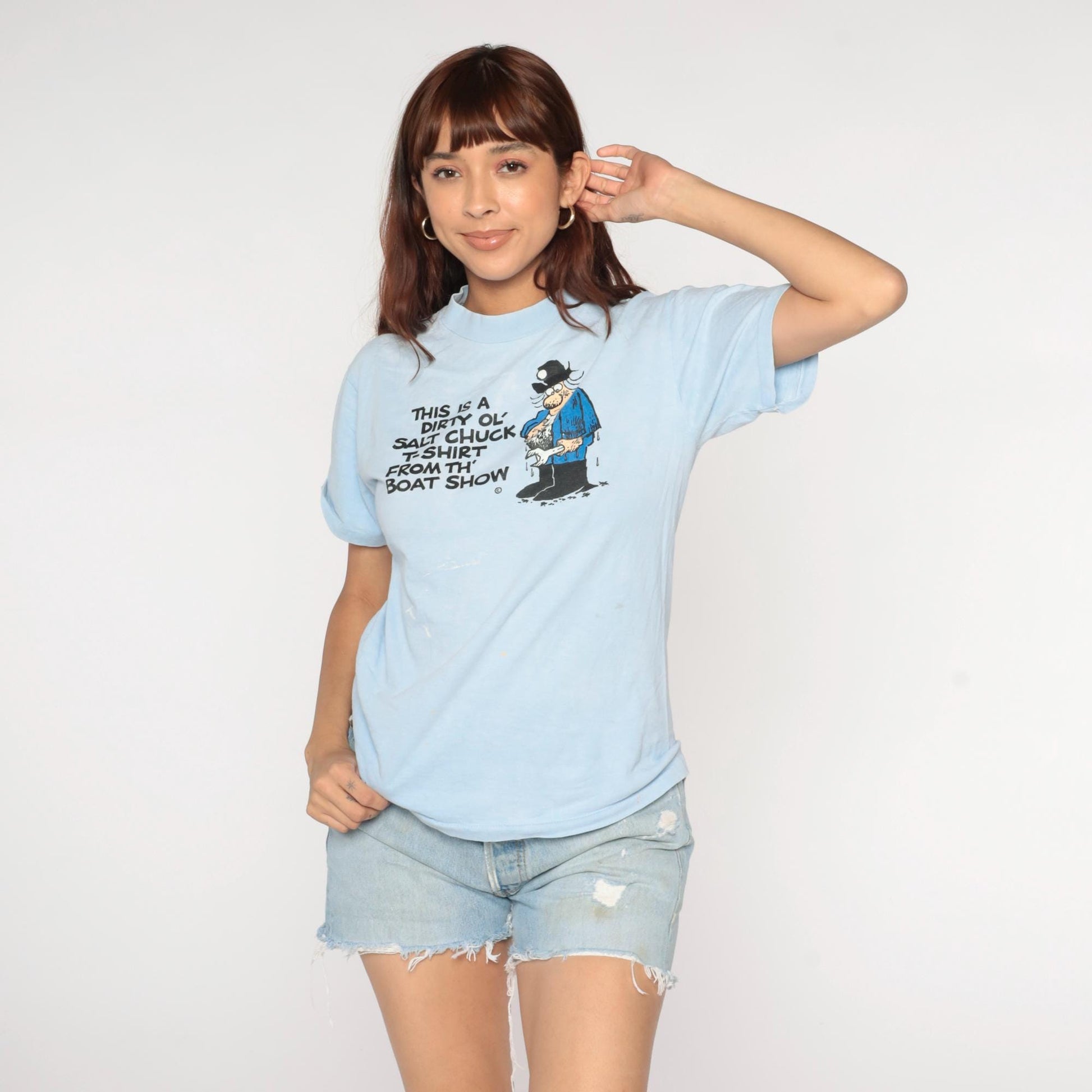 90s Dirty Ol' Salt Chuck Boat Show T-Shirt Light Blue Sailor Graphic Medium