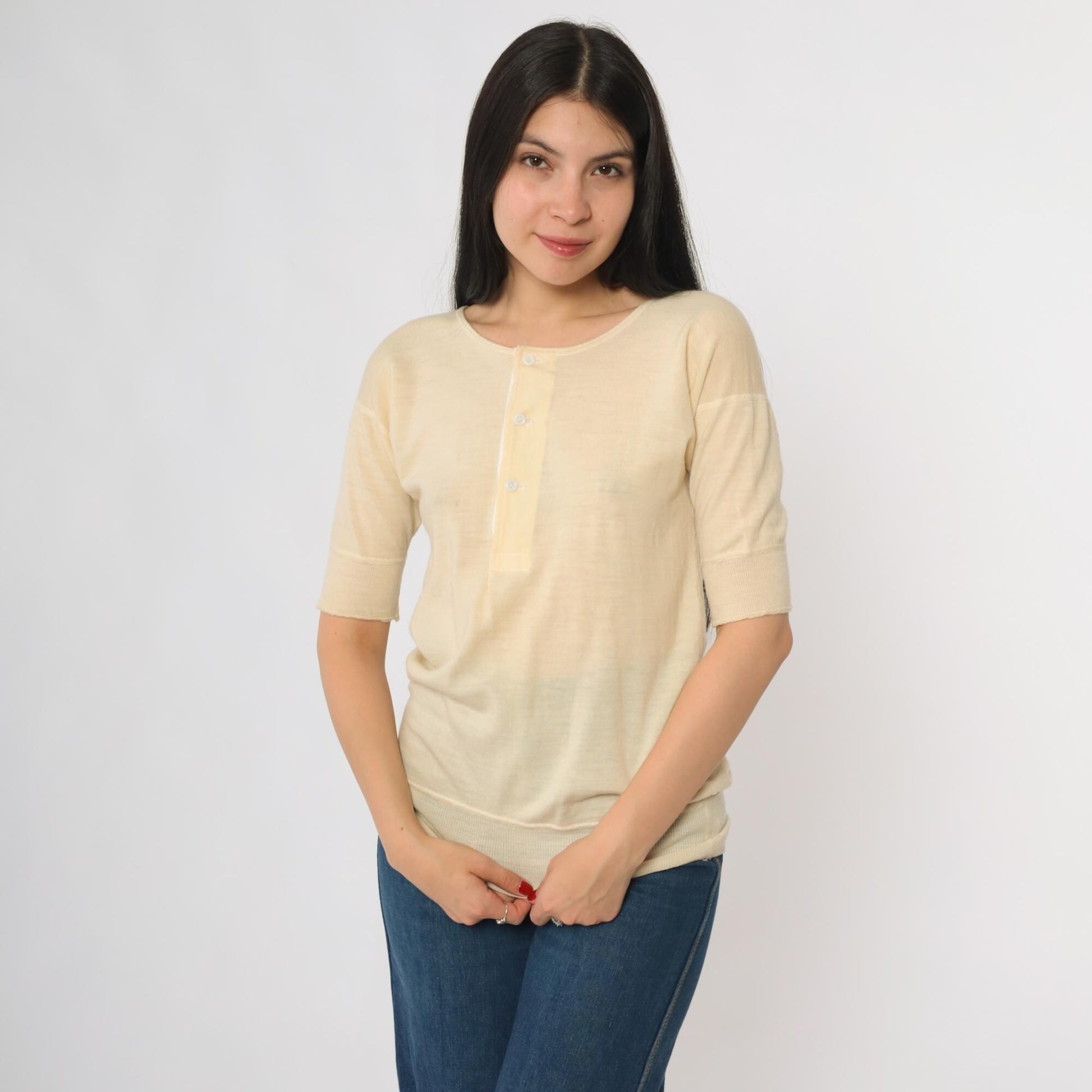 1940s Shepherd Cream Wool Cardigan Three Quarter Sleeve Button Front Small