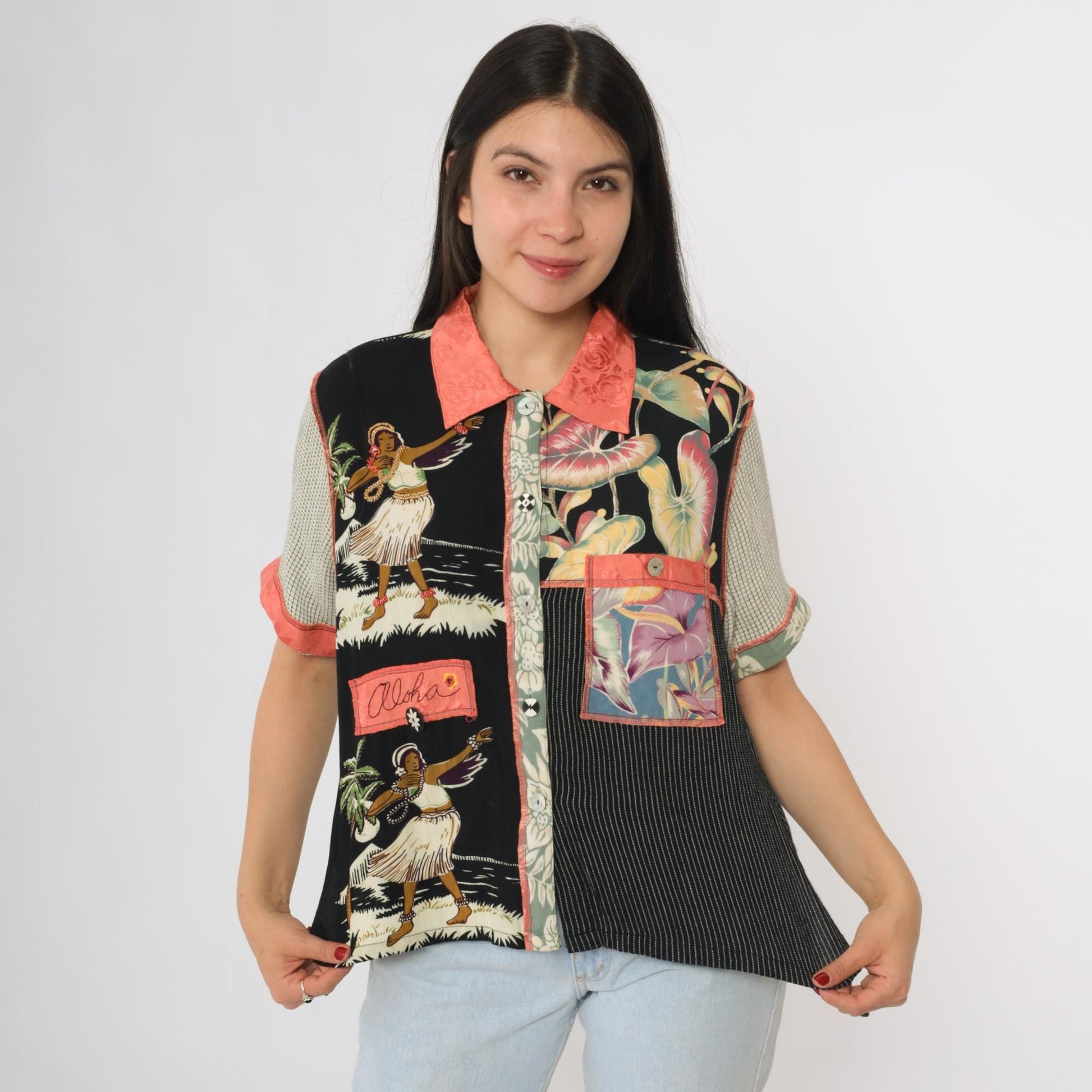 90s Faith Patchwork Hawaiian Shirt Tropical Print Button Front Small S